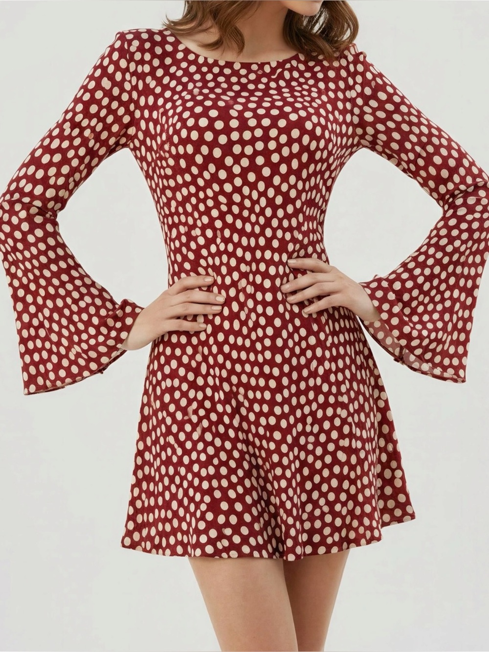 RÉALISATION PAR Brigitte Bell Sleeve Polka Dot Silk Mini Dress, Plum, XXL